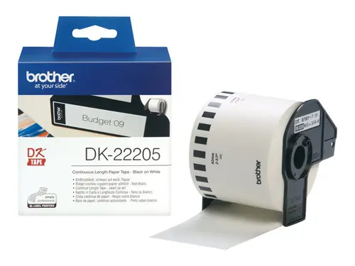 Консуматив, Brother DK-22205 Roll White Continuous Length Paper Tape 62mmx30.48M (Black on White)