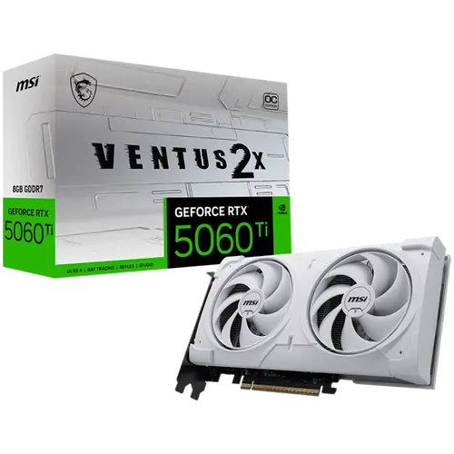 MSI Video Card NVIDIA GeForce RTX 5060 Ti 8G VENTUS 2X OC WHITE PLUS, 8GB GDDR7, 128-bit, 2617 MHz Boost, 4608 CUDA Cores, PCIe 5.0 (x8), 3x DP 2.1b, HDMI 2.1b, RAY TRACING, Dual Fan, 180W TDP, 8-pin PCIe Power, G-SYNC, 2-Slot, 3Y