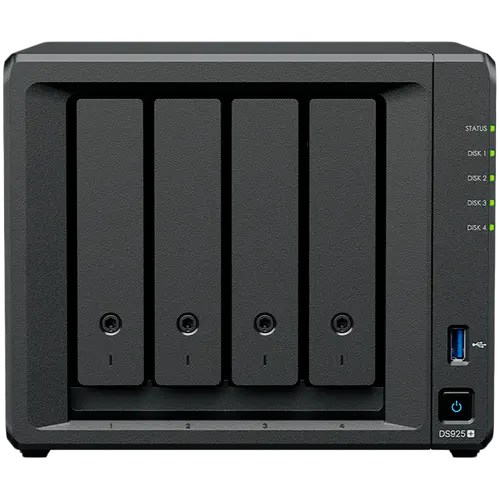 Synology DiskStation DS925+ Tower, 4-Bays 3.5'' SATA HDD/SSD, 2 x M.2 2280 NVMe SSD slot, CPU AMD Ryzen V1500B 4-core 2.2 GHz, 4 GB DDR4 ECC SODIMM, 2x RJ-45 2.5 GbE LAN Port; 2x USB 3.2; 1 xUSB Type-C expansion port; 2.26 kg; 3yr warranty Synology DiskStation DS925+ Tower, 4-Bays 3.5'' SATA HDD/SSD, 2 x M.2 2280 NVMe SSD slot, CPU AMD Ryzen V1500B 4-core 2.2 GHz, 4 GB DDR4 ECC SODIMM, 2x RJ-45 2.5 GbE LAN Port; 2x USB 3.2; 1 xUSB Type-C expansion port; 2.26 kg; 3yr warranty