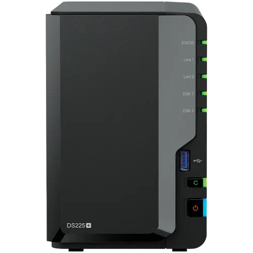 Synology DS225+, Tower, 2-bays 3.5'' SATA HDD/SSD, CPU Inte Celeron J4125 4-core (4-thread) 2.0 GHz, burst up to 2.7 GHz, 2 GB DDR4 non-ECC (expandable up to 6 GB), 1xRJ-45 1GbE LAN, 1xRJ-45 2.5 GbE LAN, 2xUSB 3.2 Gen 1, 1.3 kg, 3yr warranty