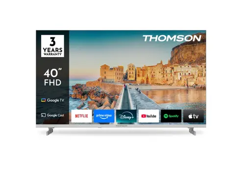 Телевизор, Thomson 40" FHD Google TV; 1920 x 1080 (FHD), DLED, 60 Hz, HDR10, Dolby Audio, Google Cast, DVB-T/T2/C/S/S2, Wi-Fi, Bluetooth, LAN, HDMI 3 (1.4), USB 2 (2.0), Hotel mode, Side Feet, White Телевизор, Thomson 40" FHD Google TV; 1920 x 1080 (FHD), DLED, 60 Hz, HDR10, Dolby Audio, Google Cast, DVB-T/T2/C/S/S2, Wi-Fi, Bluetooth, LAN, HDMI 3 (1.4), USB 2 (2.0), Hotel mode, Side Feet, White