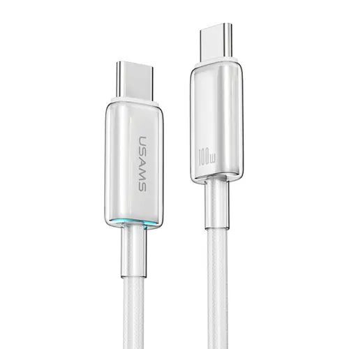 Кабел за бързо зареждане и данни USAMS SJ660 PD100W Type-C към Type-C прозрачен и светлинна индикация 1.2м, бял