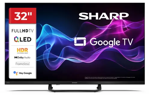 Телевизор, Sharp 32HF3865E, 32" QLED Google TV, FHD 1920x1080 Frameless, 1 000 000:1, DVB-T/T2/C/S/S2, HDR10, Speaker 2x8W, Dolby Digital, Google Cast, 3xHDMI (ARC/CEC), CI+, 3.5mm Headphone jack / line-out, lan, 2xUSB, Wi-Fi, Bluetooth, Mini Composite, E, Stand Телевизор, Sharp 32HF3865E, 32" QLED Google TV, FHD 1920x1080 Frameless, 1 000 000:1, DVB-T/T2/C/S/S2, HDR10, Speaker 2x8W, Dolby Digital, Google Cast, 3xHDMI (ARC/CEC), CI+, 3.5mm Headphone jack / line-out, lan, 2xUSB, Wi-Fi, Bluetooth, Mini Composite, E, Stand