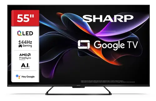 Телевизор, Sharp 55HR7265E, 55" QLED  GOOGLE TV, 4K 144Hz Quantum Dot 3840x2160 Frameless, AQUOS AI, DVB-T/T2/C/S/S2, Active Motion 1400, HDR10, Dolby Atmos, Dolby Vision, DTS:X, Google Assistant, HDMI eARC, Mini Composite/CVBS + Audio input, USB, Wi-Fi, Bluetooth