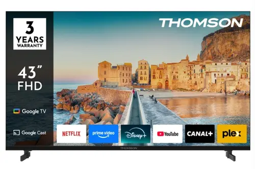 Телевизор, Thomson 43" FHD Google TV; 1920 x 1080 (FHD), DLED, 60 Hz, HDR10, Dolby Audio, Google Cast, DVB-T/T2/C/S/S2, Wi-Fi, Bluetooth, LAN, HDMI 3 (1.4), USB 2 (2.0), Hotel mode, Side Feet, Black Телевизор, Thomson 43" FHD Google TV; 1920 x 1080 (FHD), DLED, 60 Hz, HDR10, Dolby Audio, Google Cast, DVB-T/T2/C/S/S2, Wi-Fi, Bluetooth, LAN, HDMI 3 (1.4), USB 2 (2.0), Hotel mode, Side Feet, Black