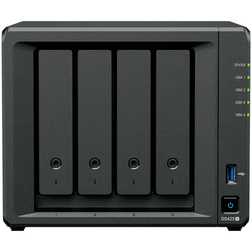 Synology DiskStation DS425+ Tower, 4-Bays 3.5'' SATA HDD/SSD, 2 x M.2 2280 NVMe SSD slot, CPU Intel Celeron J4125  4-core 2.0 GHz, 2 GB DDR4 non-ECC SODIMM, 1x RJ-45 2.5 GbE LAN, 1x RJ-45 1GbE LAN Port; 2x USB 3.2;  2.18 kg; 3yr warranty