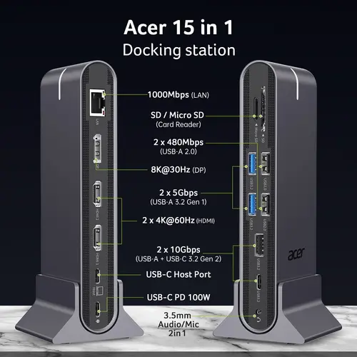 Докинг станция, Acer Type C Universal docking station 15in1, 2 x HDMI 4K@60Hz, 1 x DP 8k@30Hz, 5 x USB A, 1 x USB C, 1 x RJ45, 1x SD /Micro SD, 1 x TF, 1 x Audio  3.5mm jack, Windows, ChromeOS, macOS, Gray