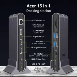 Докинг станция, Acer Type C Universal docking station 15in1, 2 x HDMI 4K@60Hz, 1 x DP 8k@30Hz, 5 x USB A, 1 x USB C, 1 x RJ45, 1x SD /Micro SD, 1 x TF, 1 x Audio  3.5mm jack, Windows, ChromeOS, macOS, Gray