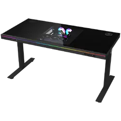 Dual-motor sit/stand adjustable-height gaming desk with built-in PC case, wireless charger, RGB lighting, control panel, and USB ports, tempered glass tabletop, black.