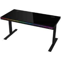 Dual-motor sit/stand adjustable-height gaming desk with wireless charger, RGB lighting, control panel, and USB ports, solid tempered glass tabletop, black.