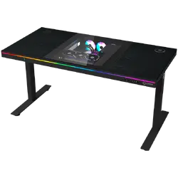 Dual-motor sit/stand adjustable-height gaming desk with built-in PC case, wireless charger, RGB lighting, control panel, and USB ports, PB melamine surface tabletop, black.