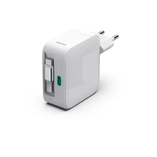 HAMA Бързо зарядно, 30 W, GaN, 2x USB-C, с разтегателен кабел 0.7м, бял