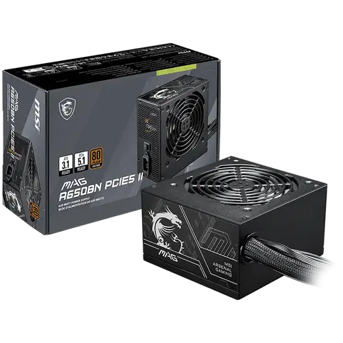 MSI MAG A650BN PCIE5 II, 650W, 80 Plus Bronze, 120mm Low Noise Fan, Protections: OVP/OCP/SCP/OPP/UVP, Dimensions: 150mmx140mmx86mm, 5Y Warranty