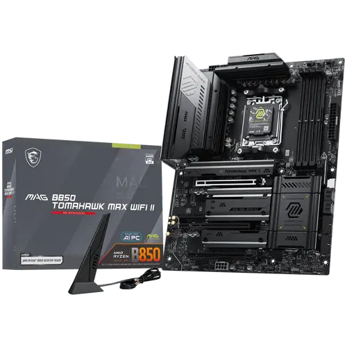 MSI MAG B850 TOMAHAWK MAX WIFI II, ATX, Socket AM5, 4x DDR5 Dual Channel DDR5 up to 8400(OC)MHz, 3x PCIe 3.0 x16 slot, 4x M.2 slot, 4x USB 2.0, 1x USB 5Gbps, 2x USB 10Gbps, 3x USB 10Gbps Type-C, HDMI, 7.1 HD Audio, 5G LAN, WiFI 7, BT, 3Y