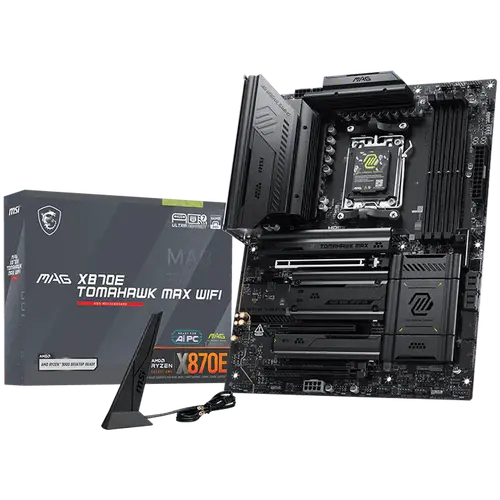 MSI MAG X870E TOMAHAWK MAX WIFI, ATX, Socket AM5, 4x DDR5 Dual Channel DDR5 up to 8400(OC)MHz, 3x PCIe 3.0 x16 slot, 4x M.2 slot, 4x USB 2.0, 3x USB 5Gbps, 2x USB 10Gbps, 1x 10Gbps Type-C, 2x 40Gbps Type-C, HDMI, 7.1 HD Audio, 5G LAN, WiFI 7, BT, 3Y