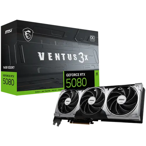 MSI Video Card Nvidia GeForce RTX 5080 16G VENTUS 3X OC, 16GB GDDR7, 256bit, Effective Memory Clock: 30000MHz, Boost: 2640 MHz, 10752 CUDA Cores, PCIe 5.0, 3x DP 2.1b, HDMI 2.1b, RAY TRACING, Triple Fan, 1x16pin, 850W Recommended PSU, 3Y