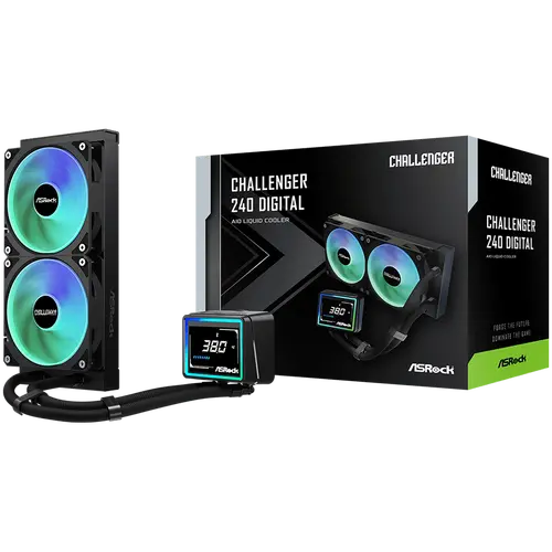 Asrock Challenger 240 Digital, AiO liquid cooler, ARGB, Digital display, 240 mm radiator, AM5, AM4, LGA1851, LGA1700, 90-ACLA36-BAAGA6, Black, 6Y