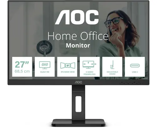 Монитор, AOC Q27P3CV, 27" IPS WLED, 2560x1440@100Hz, 4ms GtG, 350cd m/2, 1000:1, DCR 50M:1, Adaptive Sync, FlickerFree,Low Blue Light, 2Wx2, Tilt, Height Adjust, Pivot, Swivel, 2xHDMI, DP, USB hub, RJ45
