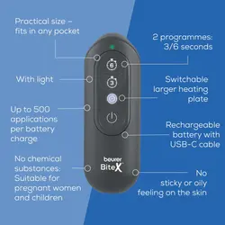 Машинка за ухапвания от насекоми, Beurer BR 115 BiteX Max Graphite Grey Insect bite healer with no chemical additives, anti itching, inflammation & swelling, 2 different programmes, light, rechargeable, larger heat area with optional