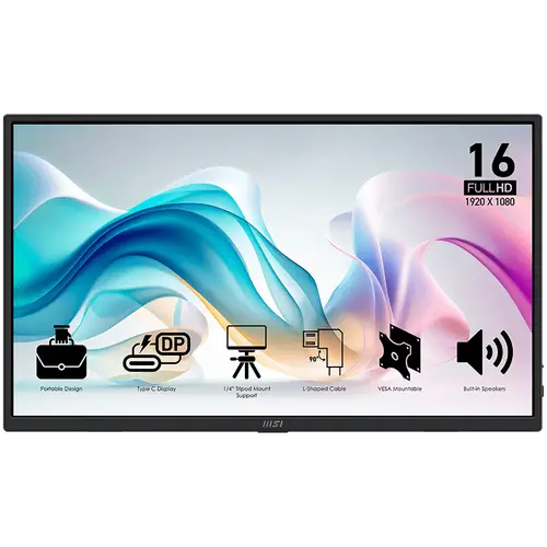 MSI PRO MP165 E6 Professional Business Portable Monitor, 15.6" 60Hz, FHD (1920x1080) 16:9, IPS Anti-glare, 4ms, 250nits, 1000:1, 178/178, Tilt, Speakers, 2x Type-C, 1x HDMI, 3Y Warranty