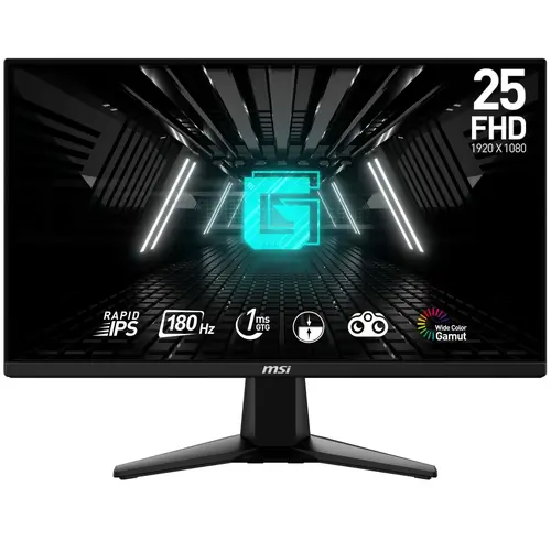 Монитор, MSI G255F Gaming Monitor, 24.5", 1ms, 180Hz Rapid IPS, 1920x1080 FHD, AMD FreeSync Premium, Night Vision, Anti-Flicker, Less Blue Light, 300nits AG, 16.7M, 1000:1, 100M:1, DP(1.2a), 2xHDMI (2.0b), Headphone out, Tilt, VESA 100, Black, 3.24kg
