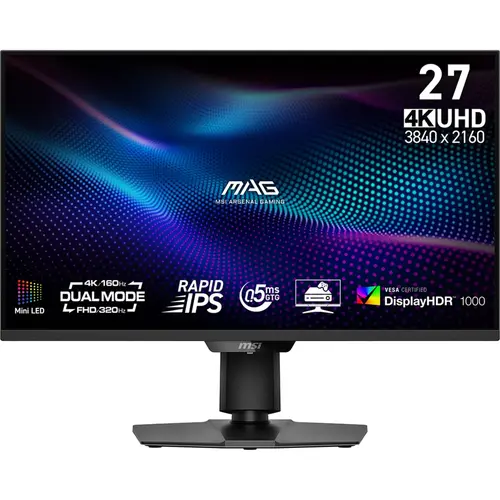 Монитор, MSI MAG 274UPDF E16M Gaming Monitor, 27", 0.5ms, Dual Mode 320Hz and 4K 160Hz Rapid IPS with Mini-LED, 3840x2160, G-SYNC, AMD FreeSync Premium, AI Vision, Console Mode, HDR 1000, Type-C(15W PD), DP(1.4a), 2xHDMI(2.1), Pivot, Heigh Adj., VESA, Black, 7.5k