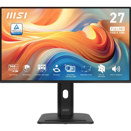 Монитор, MSI PRO MP275PG E14 Proffesional Bussiness Monitor, 27", 1ms, 144Hz IPS, 1920x1080, FSync, EyesErgo, Anti-flicker, Eye-Q Check, Project Mode, HDR Ready, 300nits AG, 1500:1, 100M:1, sRGB 116%, DP, HDMI, D-Sub, 2x2W, Pivot, Heigh Adj., VESA, Black, 6.11kg
