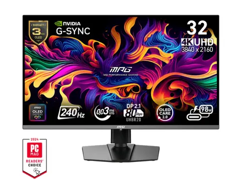 Монитор, MSI MPG 322URX QD-OLED Gaming Monitor, 31.5", 0.03ms, 240Hz, 3840x2160, G-SYNC, AMD FreeSync Premium Pro, AI Vision, Console Mode, ClearMR 13000, HDR True Black 400, Type-C(98W PD), DP(2.1a), 2xHDMI(2.1), USB Hub, Pivot, Heigh Adj., VESA 100, Black, 9.6k