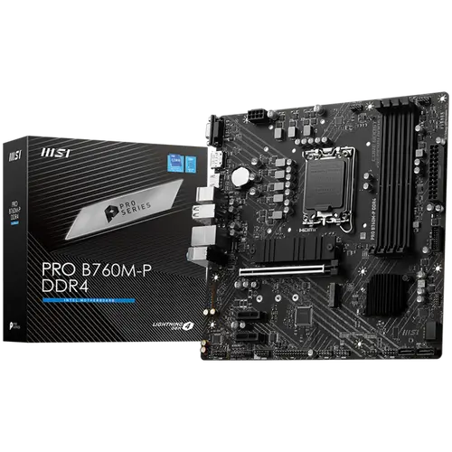 MSI PRO B760M-P DDR4, mATX, Socket 1700, Dual Channel DDR4 4800(OC)MHz, 1x PCIe x16 slots, 2x M.2 slots, 1x HDMI, 1x DP, 1x VGA, 1x USB 3.2 Gen 2 Type-C, 1x USB 3.2 Gen 1, 4x USB 2.0, 7.1 HD Audio, 1Gbps LAN, 3Y