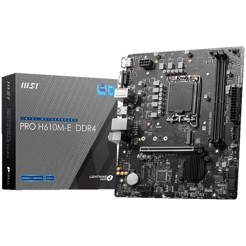 MSI PRO H610M-E DDR4, Micro-ATX, Socket 1700, Dual Channel DDR4 3200(OC)MHz, 1x PCIe x16 slots, 1x M.2 slots, 1x HDMI, 1 x VGA, 2x USB 3.2 Gen 1, 4x USB 2.0, 3Y MSI PRO H610M-E DDR4, Micro-ATX, Socket 1700, Dual Channel DDR4 3200(OC)MHz, 1x PCIe x16 slots, 1x M.2 slots, 1x HDMI, 1 x VGA, 2x USB 3.2 Gen 1, 4x USB 2.0, 3Y