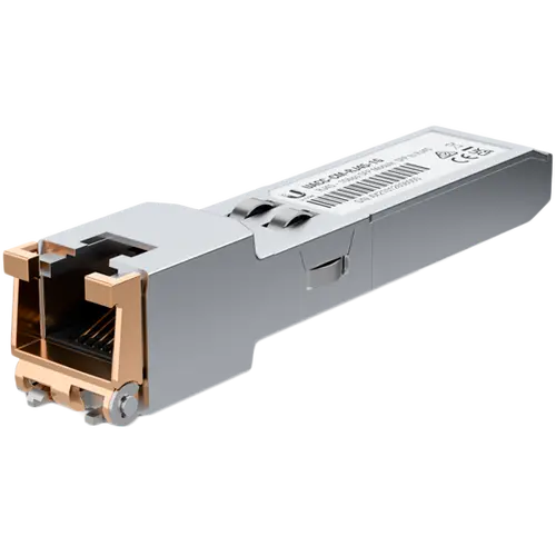 Ubiquiti UACC-CM-RJ45-1G SFP to RJ45 transceiver module that delivers 1 Gbps speed via a converted Ethernet connection.