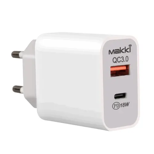 Makki бързо зарядно Fast Charger Wall - QC3.0 + Power Distribution Type-C 18W White - MAKKI-PQ18W-WH