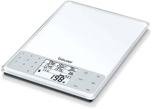 Везна, Beurer DS 61 nutritional analysis scale; Nutritional and energy values for 950 saved foods (kcal, kJ, fat, bread units, protein, carbohydrates and cholesterol) and space for 50 customisablememory spaces; 5 kg / 1 g