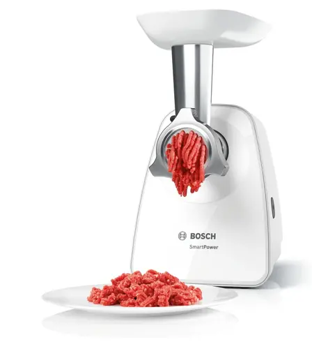 Месомелачка, Bosch MFW2520W, Meat mincer, SmartPower Meat mincer from SmartPower range: 1500W, 1,7 kg/min, 2 sieves, 1 sausage horn, kebbe attachment, no reverse, white