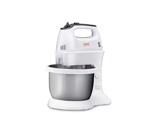 Миксер, Tefal HT312138, Quick mix Hand Mixer with bowl, 300 W, 5 Speeds + turbo, 2 Beaters, 2 Dough hooks, automatic rotating bowl, white & inox standbowl