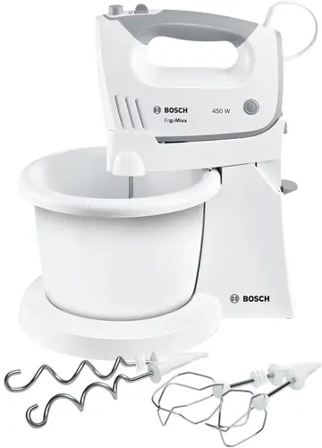 Миксер, Bosch MFQ36460, Hand mixer, 450 W, White, includes bowl and stand
