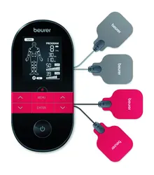 Масажор, Beurer EM 59 Digital TENS/EMS device with heat function, Pain therapy, Muscle stimulation, Heat function, Electrode positioning indicator, 4 electrodes with gel pads, 2 separately adjustable channels, 64 pre-programmed applications,Countdown timer