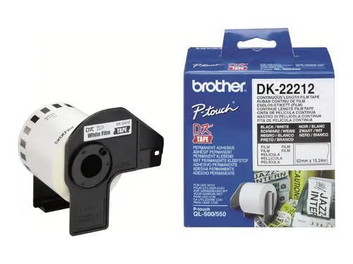 Консуматив, Brother DK-22212 White Continuous Length Film Tape 62mm x 15.24m, Black on White