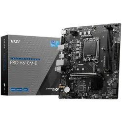 MSI PRO H610M-E, mATX, LGA 1700, Dual Channel DDR5 5600+MHz, 1x PCIe x16 slot, 1x M.2 slot, 1x HDMI, 1x VGA, 2x USB 3.2 Gen 1, 4x USB 2.0, 7.1 HD Audio, Realtek ALC897 Codec, 3Y