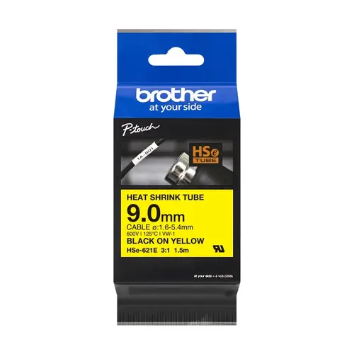 Консуматив, Brother HSe-621E 9mm Black on Yellow Heat Shrink Tape
