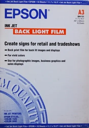ХАРТИЯ EPSON INK JET BACK LIGHT FILM - A3 Size  - 297 mm x 420 mm - PN 41131 -  10 листа