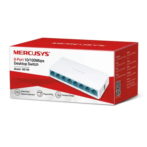 Комутатор Mercusys MS108, 8-порта 10/100Mbps, неуправляем, настолен, компактен дизайн