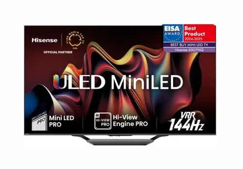 Телевизор, Hisense 65" U7NQ, 4K Ultra HD 3840x2160, ULED, FALD, Quantum Dot, 144Hz, IPS, HDR 10+, HLG, Dolby Vision IQ, Dolby Atmos, Smart TV, WiFi 5GHz, WiFi Direct, BT, Anyview Cast,light sensor, 4xHDMI, 2xUSB, LAN, CI+, DVB-T2/C/S2, Black