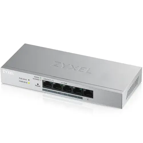 Комутатор, ZyXEL GS1200-5HPv2, 5 Port Gigabit PoE+ webmanaged Switch, 4x PoE, 60 Watt