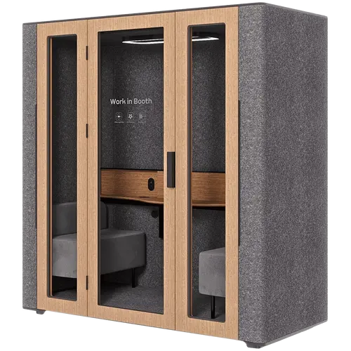 WorkBooth Two with Media hub integration spot, Blind back wall, Light grey felt, natural oak veneer, Jazz Graphite fabric for sofa WorkBooth Two with Media hub integration spot, Blind back wall, Light grey felt, natural oak veneer, Jazz Graphite fabric for sofa