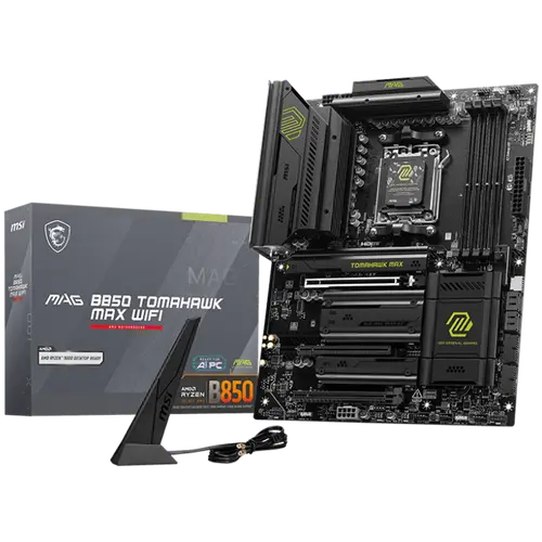 MSI MAG B850 TOMAHAWK MAX WIFI, ATX, Socket AM5, 4x DDR5 Dual Channel DDR5 up to 8400(OC)MHz, 3x PCIe 3.0 x16 slot, 4x M.2 slot, 4x USB 2.0, 1x USB 5Gbps, 2x USB 10Gbps, 3x USB 10Gbps Type-C, HDMI, 7.1 HD Audio, 5G LAN, WiFI 7, BT, 3Y