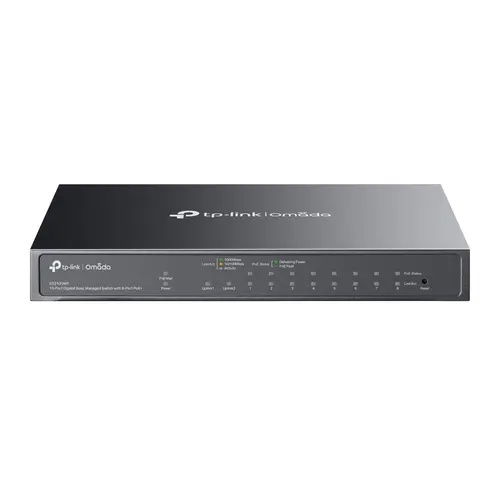 Omada 10-Port Gigabit Easy Managed Switch with 8-Port PoE+ 8× Gigabit PoE+ Ports, 1x Gigabit Non-PoE Ports, 1× Combo Gigabit RJ45/SFP Port 802.3at/af, 123 W PoE Power,  Desktop Steel Case and Fanless Integration with Omada SDN Controller