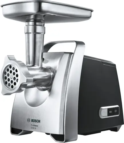 Месомелачка, Bosch MFW68660, Meat mincer, ProPower 2200W, 4,3 kg/min, nr. 8, 3 sieves, kebbe attachment, juicer for soft fruits & vegetables, shredder with 4 drums, full inox tray, reverse function