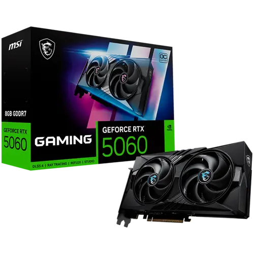 MSI Video Card NVIDIA GeForce RTX 5060 8G GAMING OC, 8GB GDDR7, 128-bit, 2640 MHz Boost, 3840 CUDA Cores, PCIe 5.0 (x8), 3x DP 2.1b, HDMI 2.1b, RAY TRACING, Dual Fan, 155W TDP, 8-pin PCIe Power, G-SYNC, 2-Slot, 3Y