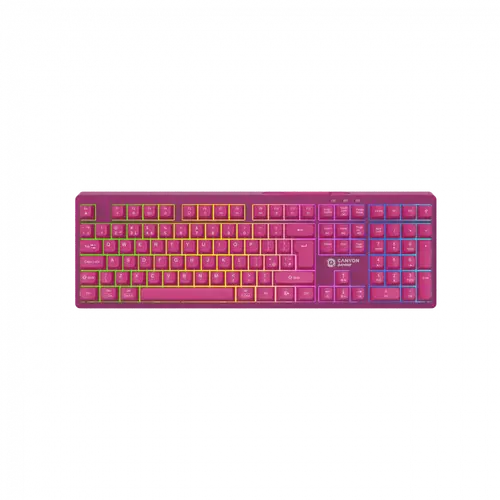 Canyon 105keys gaming keyboard,with 2.4G+ Bluetooth mode, battery 2000mAh, RGB backlight 3 types and 7 colors, size:407*119*19mm, PVC cable 1.8M , Black,weight:556+/-10g